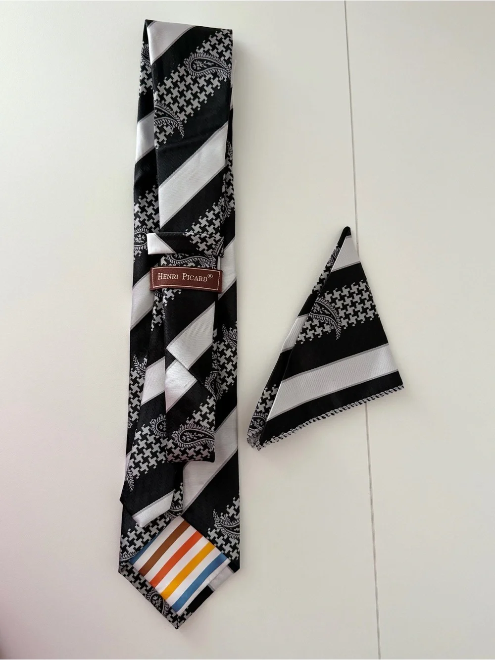 Henri Picard Men’s Black White Paisley Houndstooth Striped Tie & Pocket Square